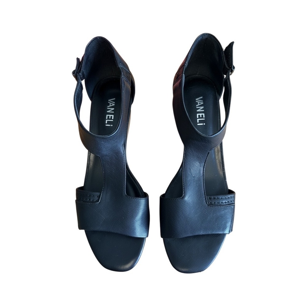 Vaneli Calyx Black Leather T-Strap Wood Wedge Sandals Womens 7.5N